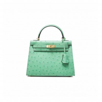 HERMÈS MASTER KELLY 25 OSTRICH MINT GREEN GOLD BUCKLE (25*17*7cm) 